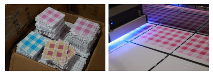 MEST Print Vision UV printer producing perler bead boards,with a stack of finished perler bead boards MEST Print Vision UV printer producing perler bead boards,with a stack of finished perler bead boards